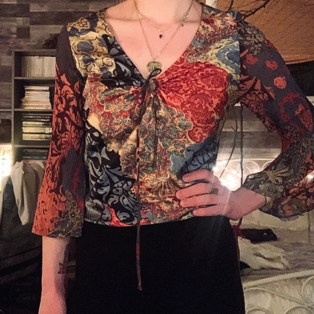 Vintage Boho Satin flute sleeves blouse